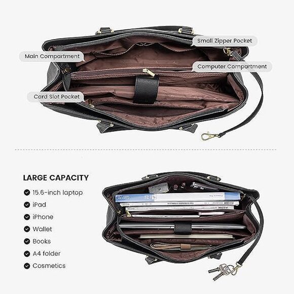 Laptop Bag for Women 15.6 Inch Tote Bags Waterproof Leather Vintage Black - Picture 4 of 8